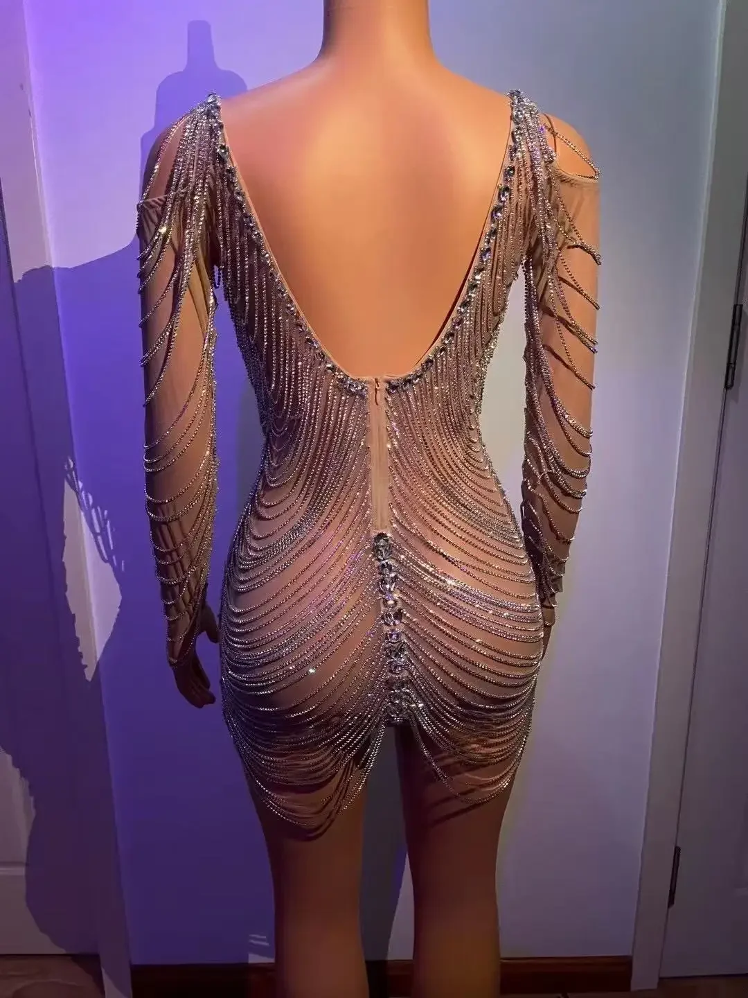 Vestido corto con cadenas de diamantes de imitación para mujer, vestido Sexy para cumpleaños, boda, noche, graduación, celebración, ropa de escenario