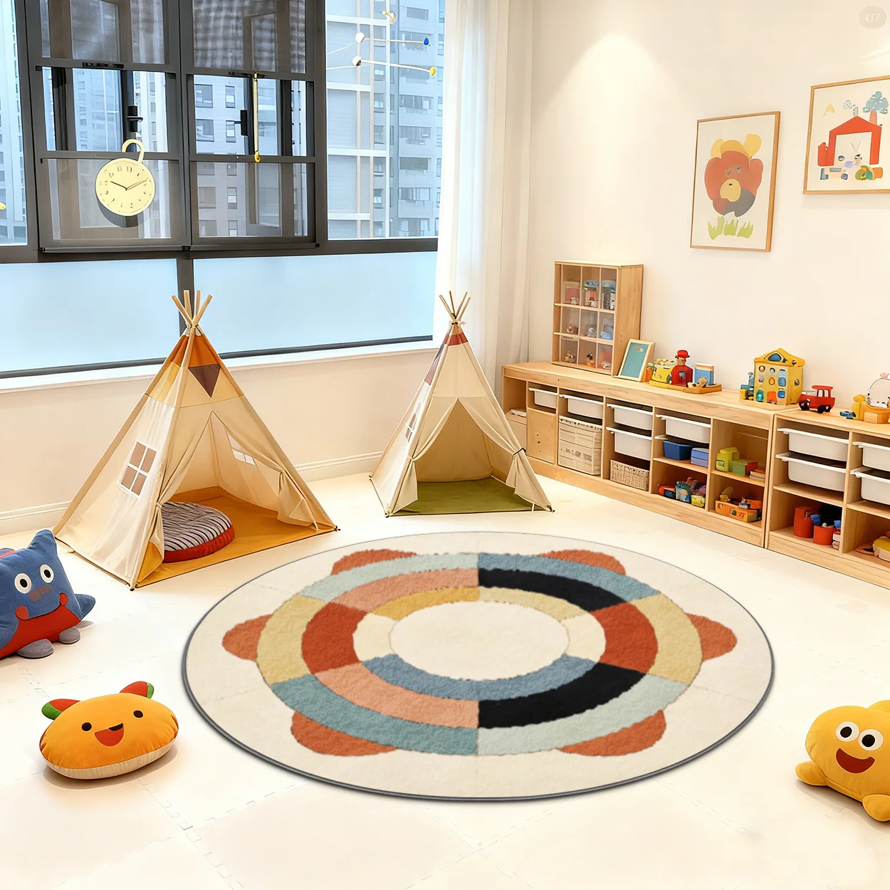Cute Round Geometric Plush Area Rug for Kids Playroom Nursery Room Decoration Floor Mat Circle Carpet Toy Storage Mat Mat