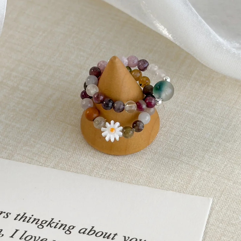 Colorful Beaded Daisy Ring New Chinese Style Light Luxury Premium Finger Ring Unique Design for Women Girls Daily Party Gift