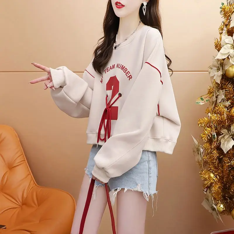 Women Clothing Pullovers Sweatshirts Casual Korean Fashion Loose O-neck Printing Long Sleeve Temperament Cute Lively Refreshing