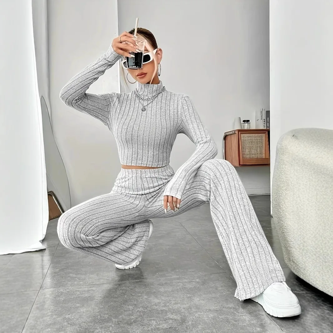 

Повседневный комплект из двух предметов в рубчик, топ с длинными рукавами и отделкой салата и брюки с эластичной резинкой на талии, женская одежда 2025 г.