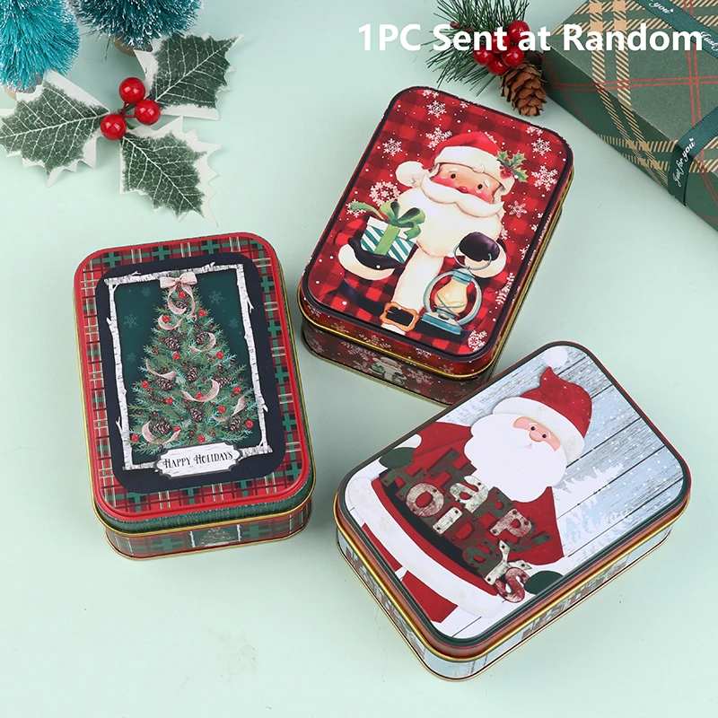 Christmas Rectangle Tinplate Can Candy Box Gift Storage Box Xmas Tree Santa Claus Snowman Biscuit Can Home Storage Box