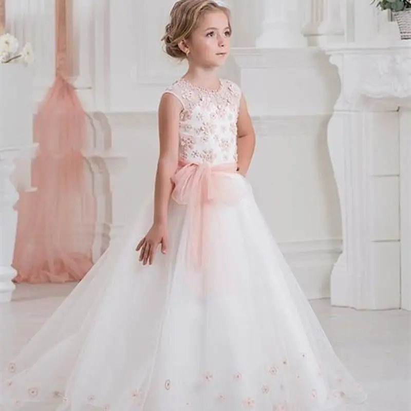 

NEW Flower Girl Dress Spaghetti Rhinestone Applique Wedding Party Tulle Ball Gown Sleeveless Floor Length Princess Girl Dresses