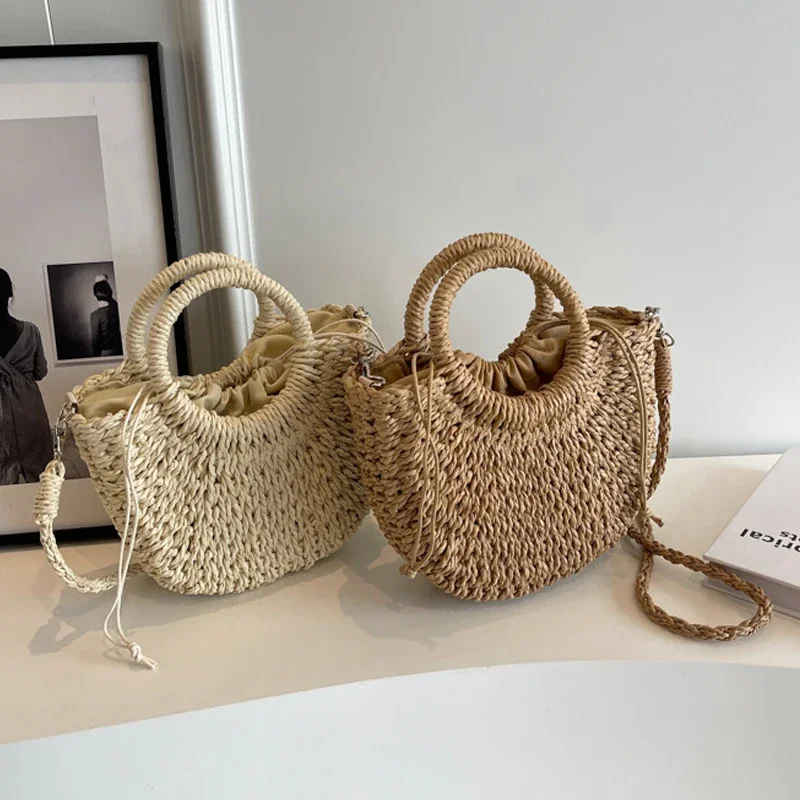 New Korean Women's Fashion Vintage Handmade Half-Round Rattan Woven Straw Tote Bag Summer Messenger Crossbody Bags Beach Handbag