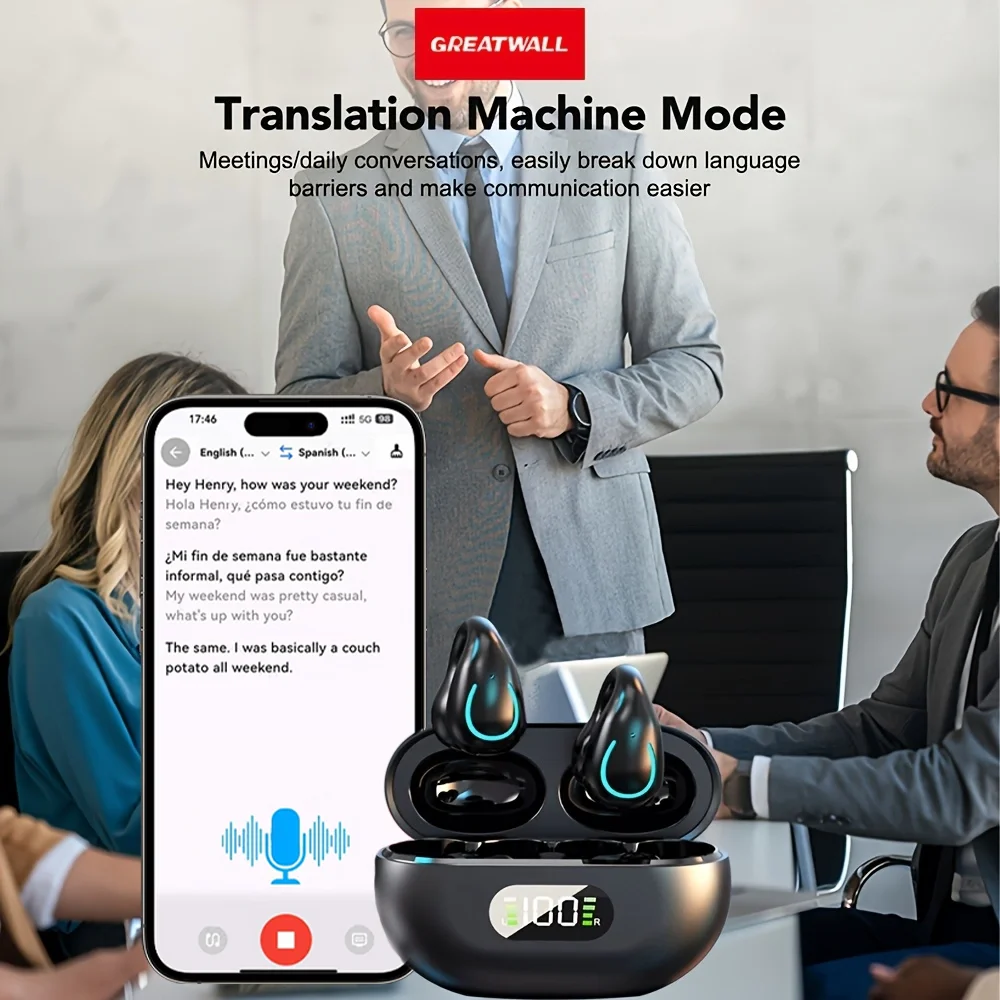 سماعات أذن مترجم من GREATWALL AI بدون ألم، سماعة بلوتوث لاسلكية مع ترجمة في الوقت الحقيقي في 144 لغة