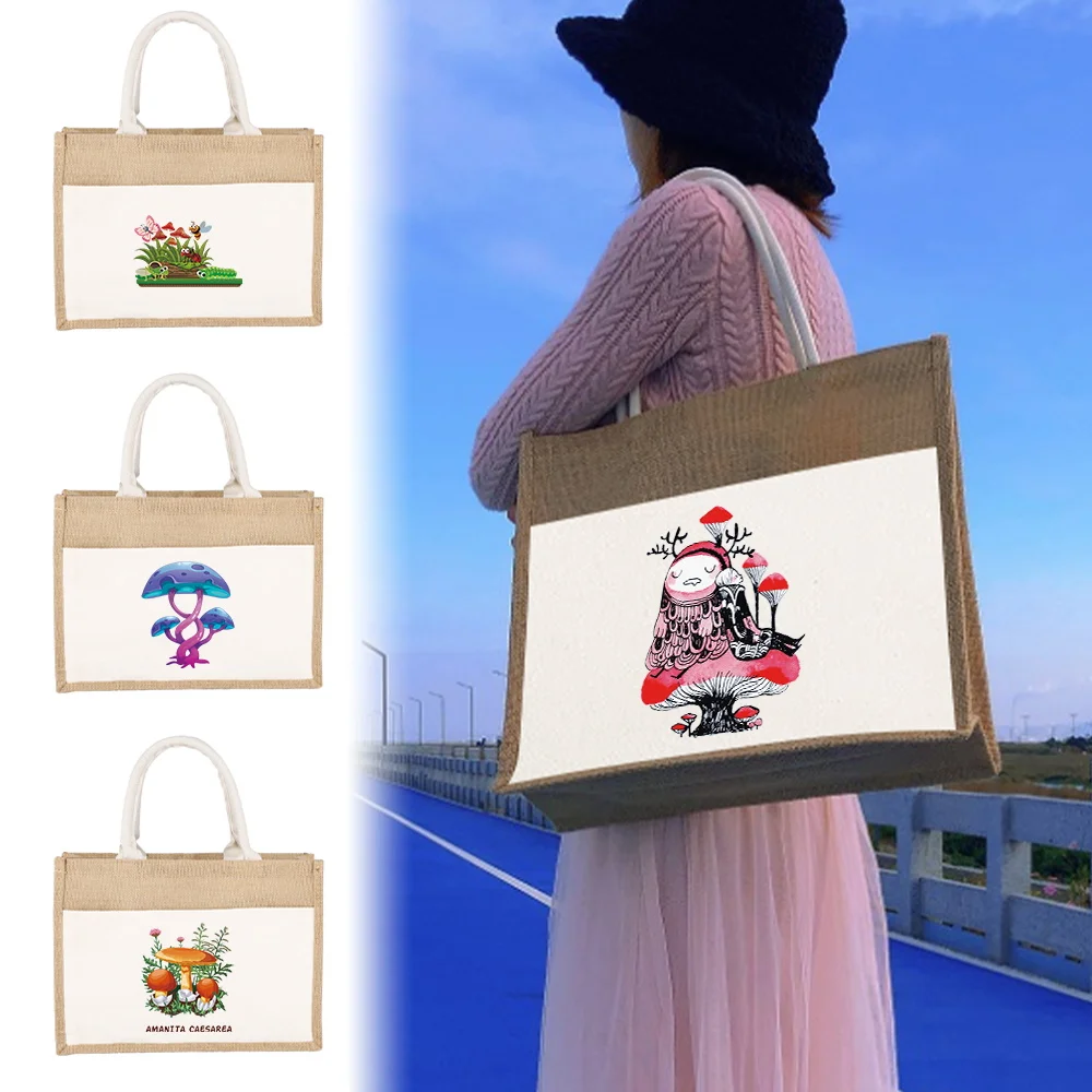 Jute Bag Handbag Linen Shoulder Bag Sacks Jute Imitation Sacks Linen Bags Women Shopping Bags Beautiful Mushroom Designer Bags