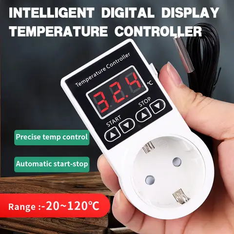 Enchufe de la UE, enchufe del termostato, controlador de temperatura Digital, salida con sonda del Sensor-20 ~ 120 ℃   Interruptor de enfriamiento de calefacción
