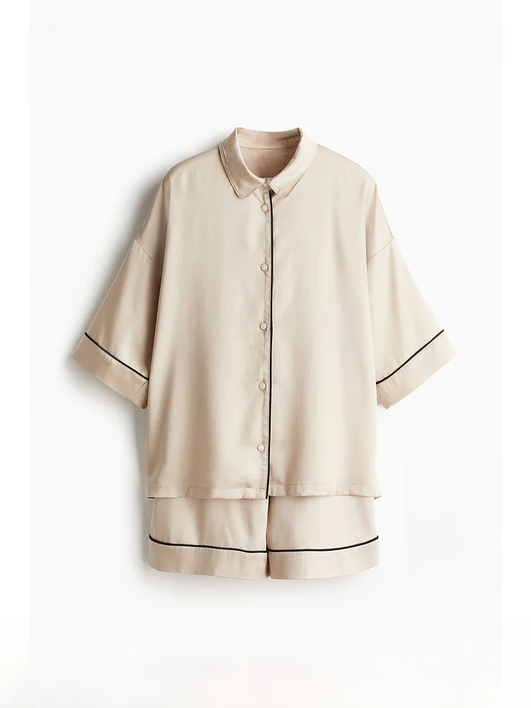 H&M Unisex Summer Silk Sleepwear Set 1260256 Short Sleeve Small Collar Lenzing Lyocell Fiber Home Clothes Nightgown Set