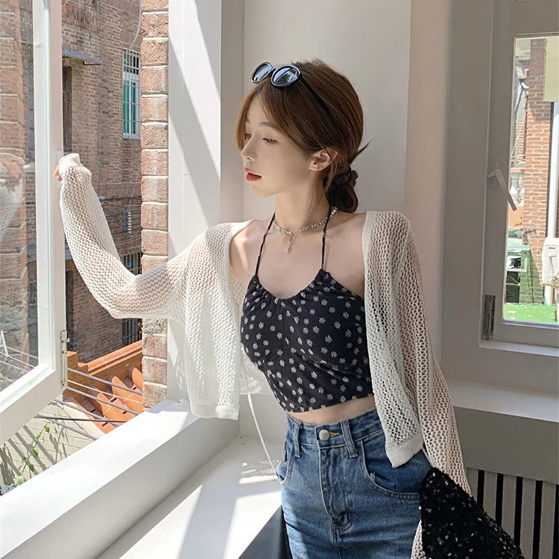 Spring Summer Sun-protective Clothing Hollow Out Women Shirts Cardigan Knitwears Sweater Knit Tops Sandbeach Holiday Travel