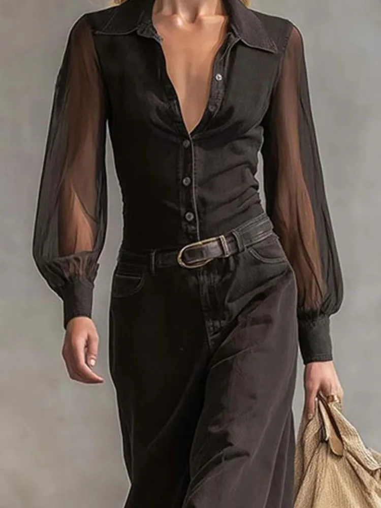 Sexy See-through Long Sleeve Maxi Dress Fashion Lapel Collar Solid Color Long Dress Elegant Button Hight Waist Slim Party Dress