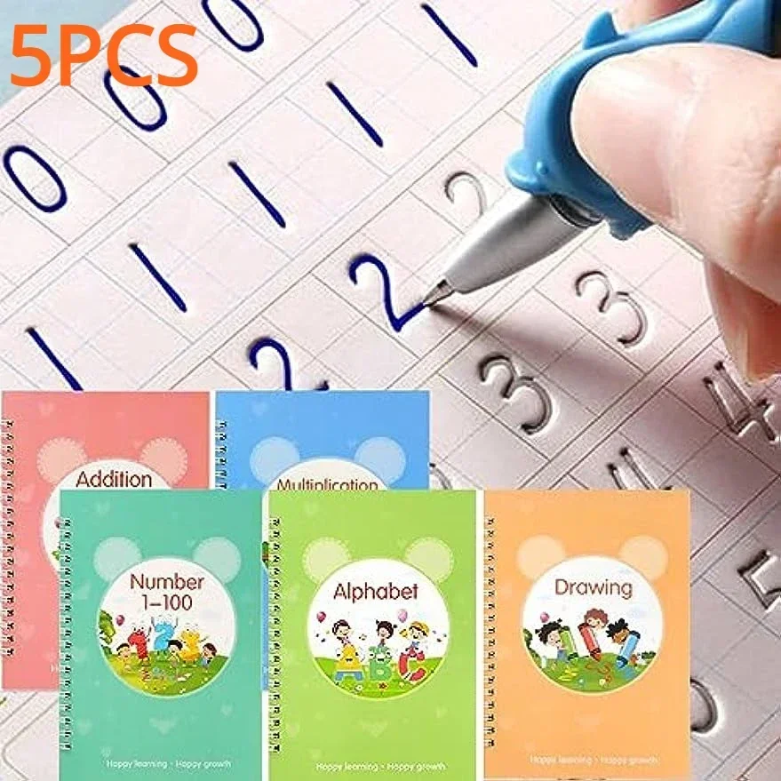 Reutilizável sulcado Handwriting Copybook for Kids, Magia Idade Handwriting, Atividades de aprendizagem pré-escolar, 3-8 Workbooks, 5pcs