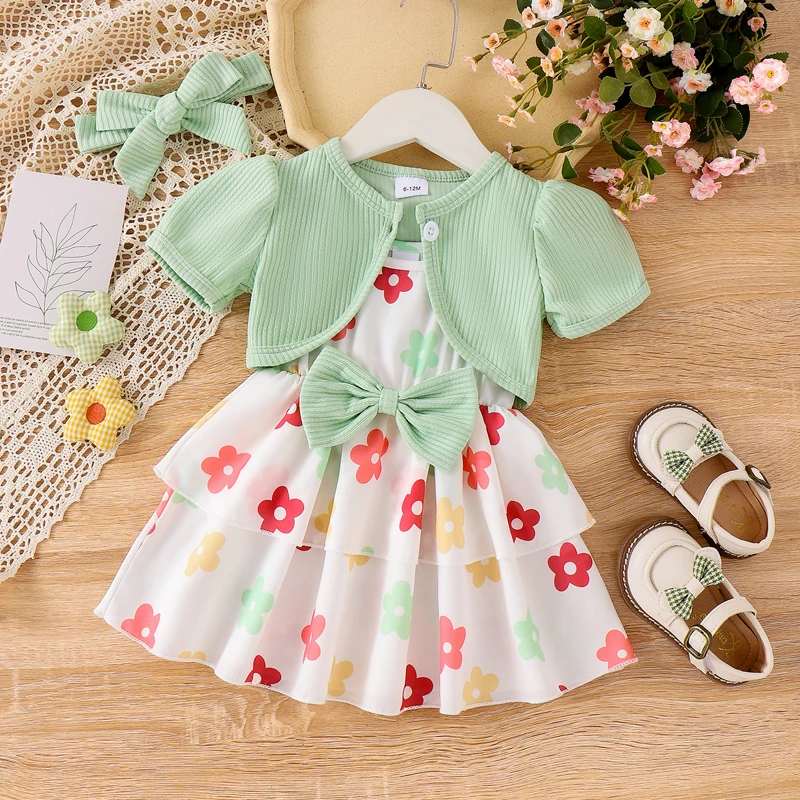 VISgogo Little Girl Summer Outfit Ribbed Short Sleeve Cardigan Flower Layered Ruffle Cami Dress Bow Headband 3 Piece Set