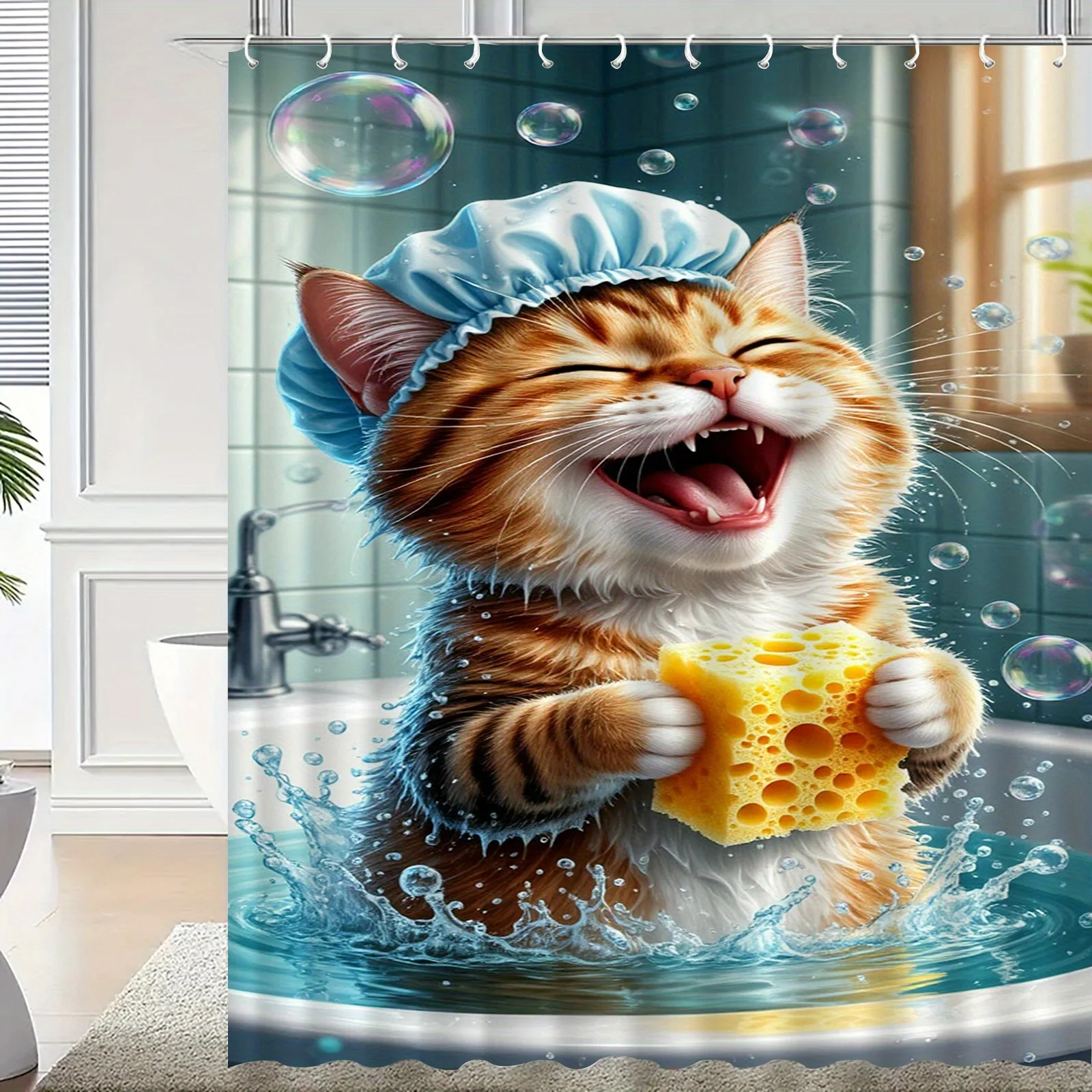 Funny Cat Shower Curtain, Cute Ginger Kitten Bathing with Sponge & Bubbles, Cartoon Animal Bathroom Decor, Waterproof Polyester