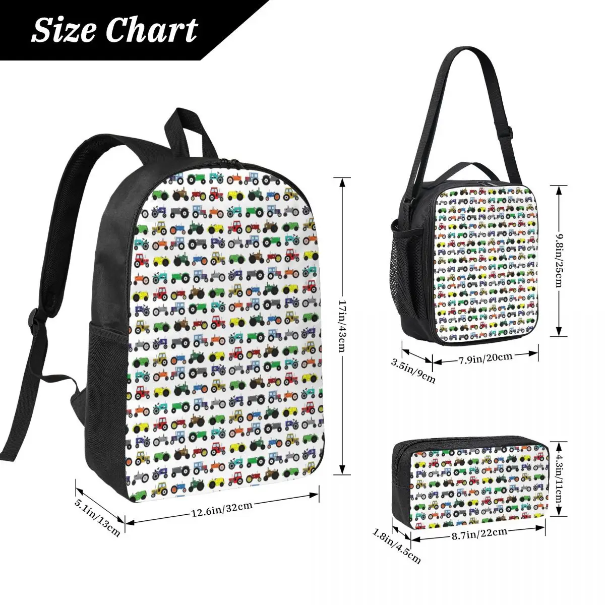 Tractors Print Backpack Boys Girls BookBag School Bag Computer Shoulder Bags 3ps Insulated Lunch Bag Pencil Case