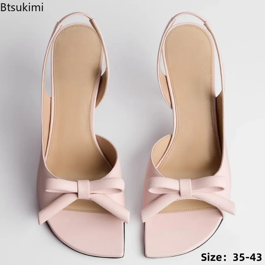 Summer Square Toe High Heels Women Sandals French Bow Stiletto Elegant Open Toe Party Shoes Sexy Chic Wedding Real Pumps Roman