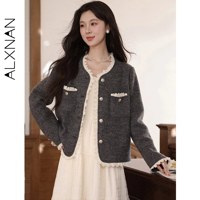 

ALXNAN Women's Grey Short Coat Autumn Winter Loose-fit Lace Patchwork Jacket High-Quality Elegance Gentle Clothing Female L58318
