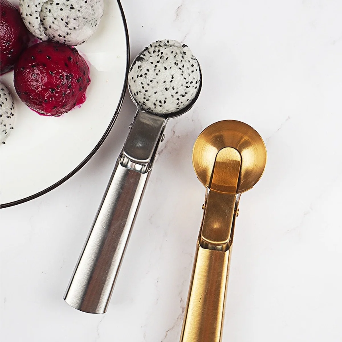 Ice Cream Spoon Scoops Stacked Stainless Steel Digger Fruit Non-Stick Spoon Kitchen Tools for Home Cake Gold Kitchen Utensils