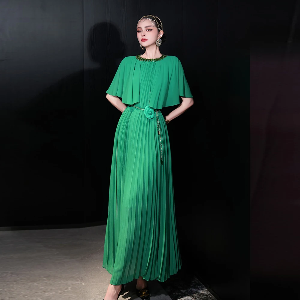 

Meyyithun Women's Dress Fashion Design Women's Dress O-Neck Cloak Sleeves Beaded Loose Solid Color Pleated Dresses Midi Dress
