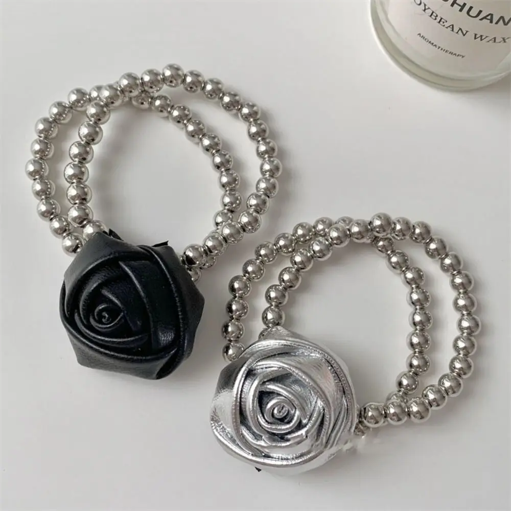 

Hair Tie Pu Leather Rose Hair Rope Ponytail Holder Hair Ring Beads Bracelet Flower Hair Accessories Elastic Hair Band Female