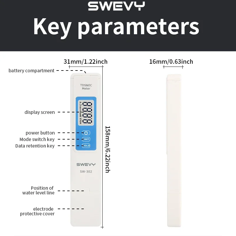 SWEVY SW302 Conductivity Meter, Test Pen, Water Quality Analyzer, EC Meter, TDS Meter