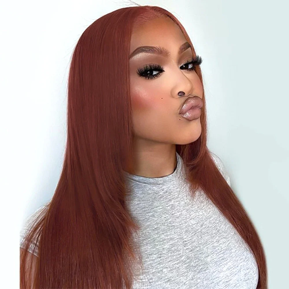 Reddish Brown Layered Lace Front Wigs Copper Red Lace Wigs Layered Straight Lace Wig Butterfly Haircut Glueless Synthetic Hair