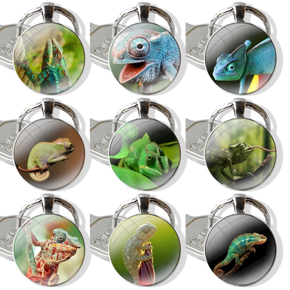 Keychain Handmade Glass Cabochon Key Ring Holder Pendant Key Chains Chameleon