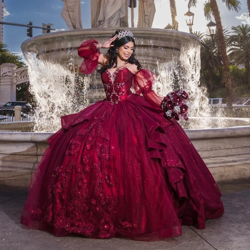 

Red Quinceanera Dresses Flower dress Tulle Beading Off The Shoulder Party Dress Appliques Lace Up Court Train Prom Ball Gown