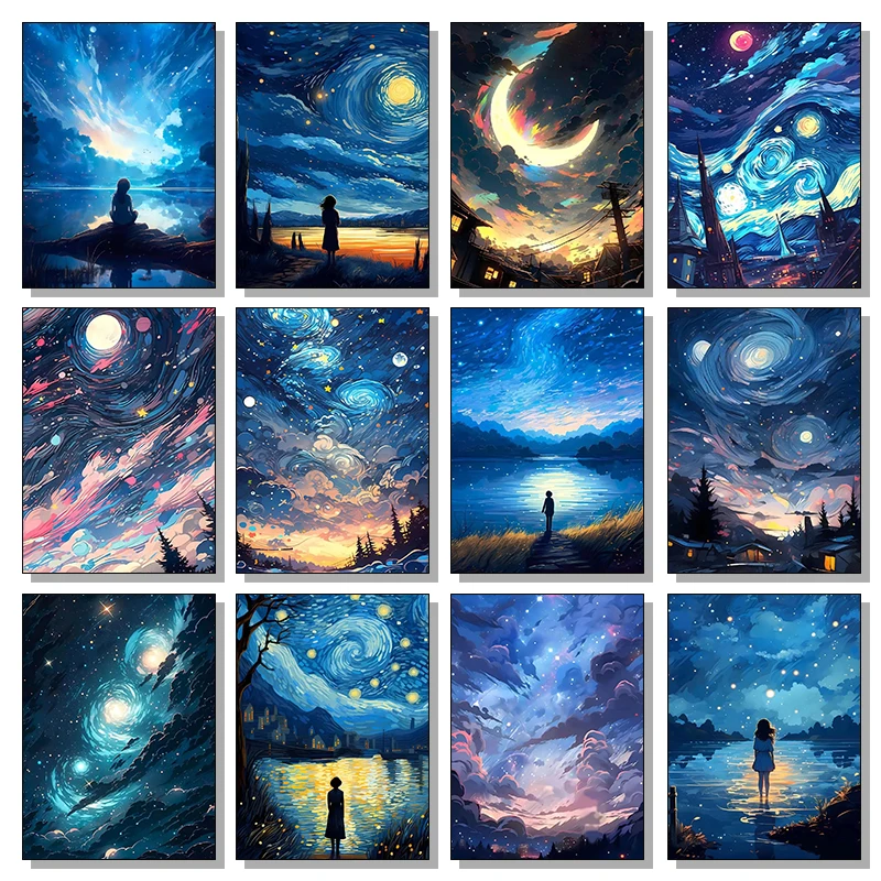 Pósteres e impresiones de la noche estrellada de la niña Van Gogh, impresión en lienzo, imagen artística de pared abstracta para sala de estar, regalo de decoración del hogar