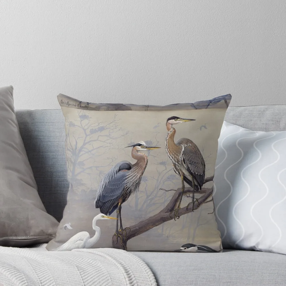 Great Blue Heron, American Egret by Fuertes Throw Pillow Throw Pillow Sofa Cushions luxury home accessories Pillow