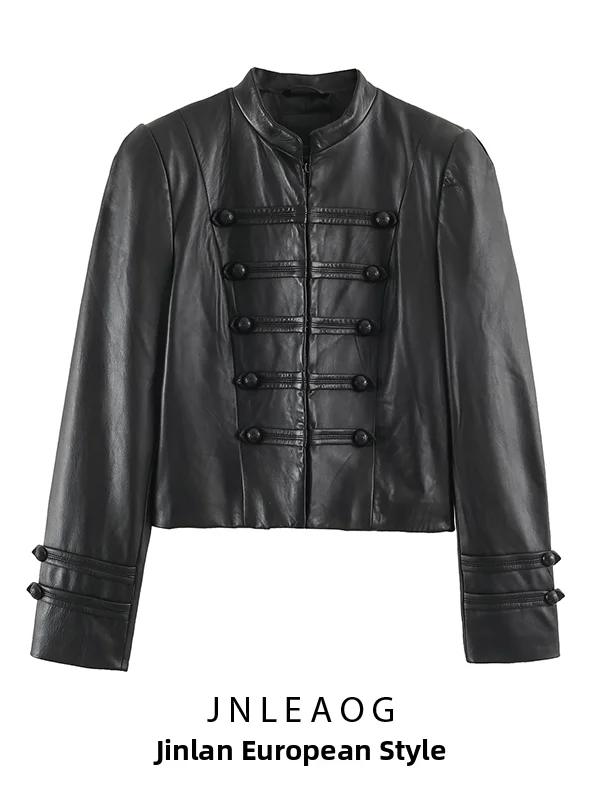 JNLEAOG Women's Long Sleeve Leather Jacket Autumn New Style Stand Collar Knot Button Outerwear Standard Fit Polyester Fiber
