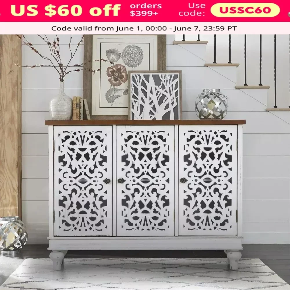 XMSJ Living Room Cabinet, Furniture, 3-Door Hollow-Carved Accent Cabinet,Storage Cabinets for Kitchens, Living Room Cabinet