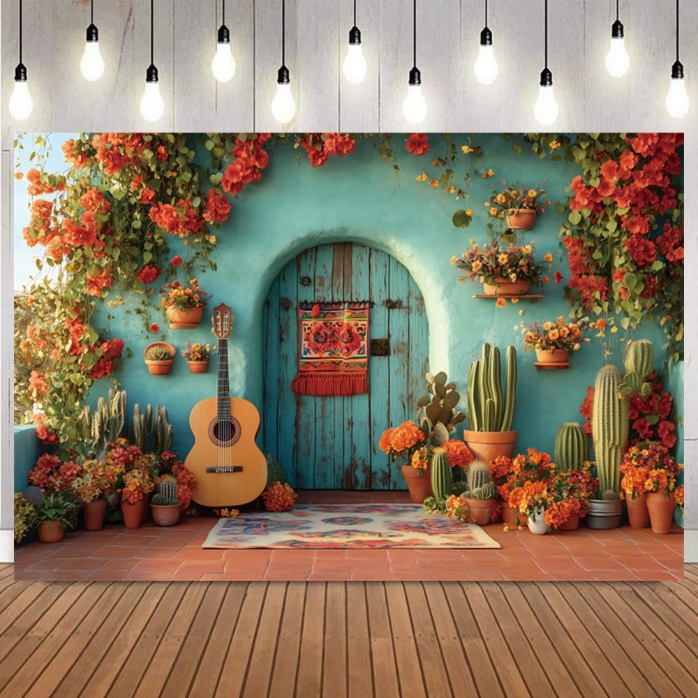 Mexico Fiesta Photography Background Guitar Cactus Straw Hat Courtyard Flower Kid Adult Birthday Party Decor Photo Backdrop Prop