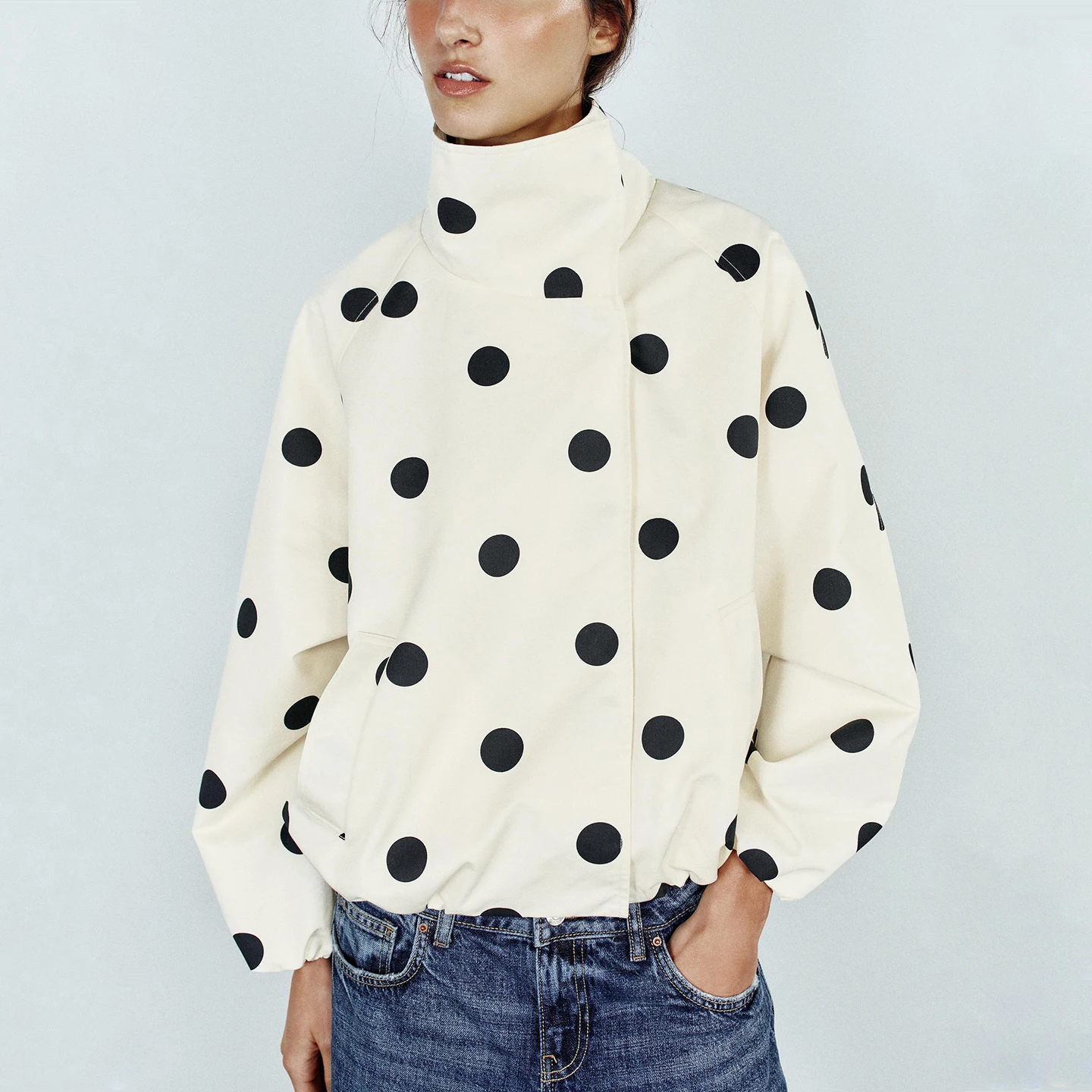 Women's Autumn 2026 Checkered Pilot Jacket Long Sleeve Stand Collar Polka Dot Casual Loose Fit Outerwear Fashion Design