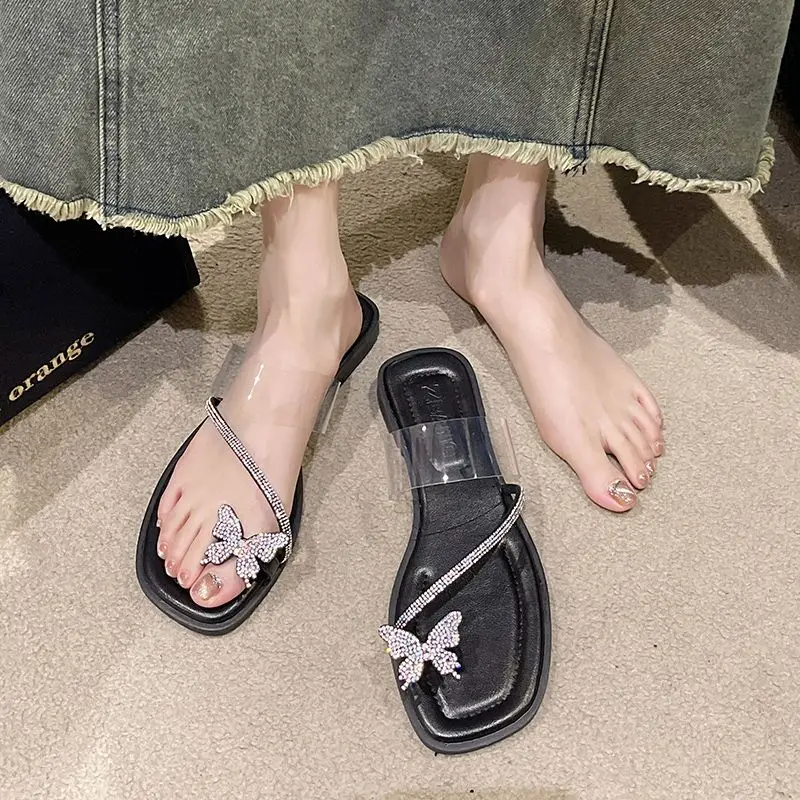 Flat House Shoes for Women 2024 Sandals Rhenstone Home Woman Slippers Jewels Clear Transparent Indoor Summer Crystals Slides Y G