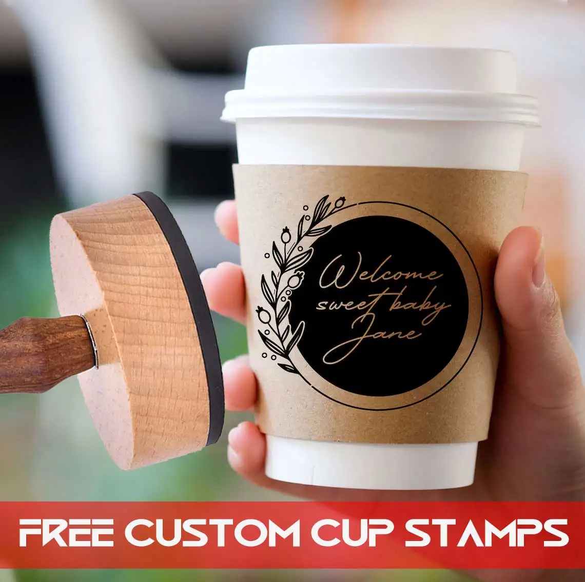 Personalized Coffee Cup Stamp Wooden Seal Rubber Logo Customized Wedding Packaging Business Coffee Cup Sleeves Logo Stamp