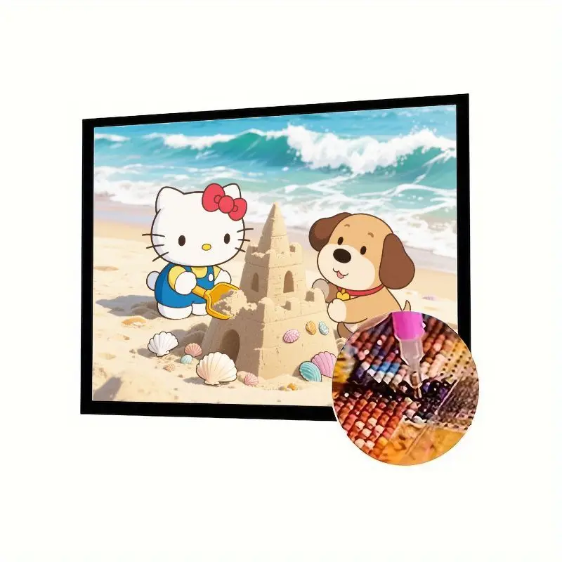 

DIY 5D Full Drill Diamond Painting Kit - Cute Hello Kitty & Puppy Dog Building Sandcastle on Sunny Beach Ocean Scene Art - Relax