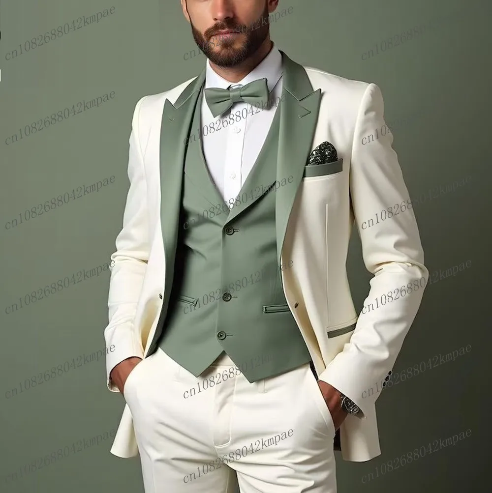 

White And Mint Business Formal Occasion Men Suit Groom Groomsman Wedding Party Prom Male Tuxedos 3 Piece Set Blazer Vest Pants