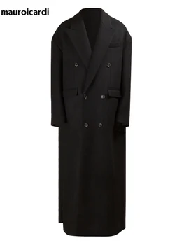Men's Extra Long Wool Blend Overcoat 6 Mauroicardi Autumn Winter Extra Long Black Oversized Thick Warm Soft Wool & Blends Coat Men Double Breasted Korean Fashion 2023 6