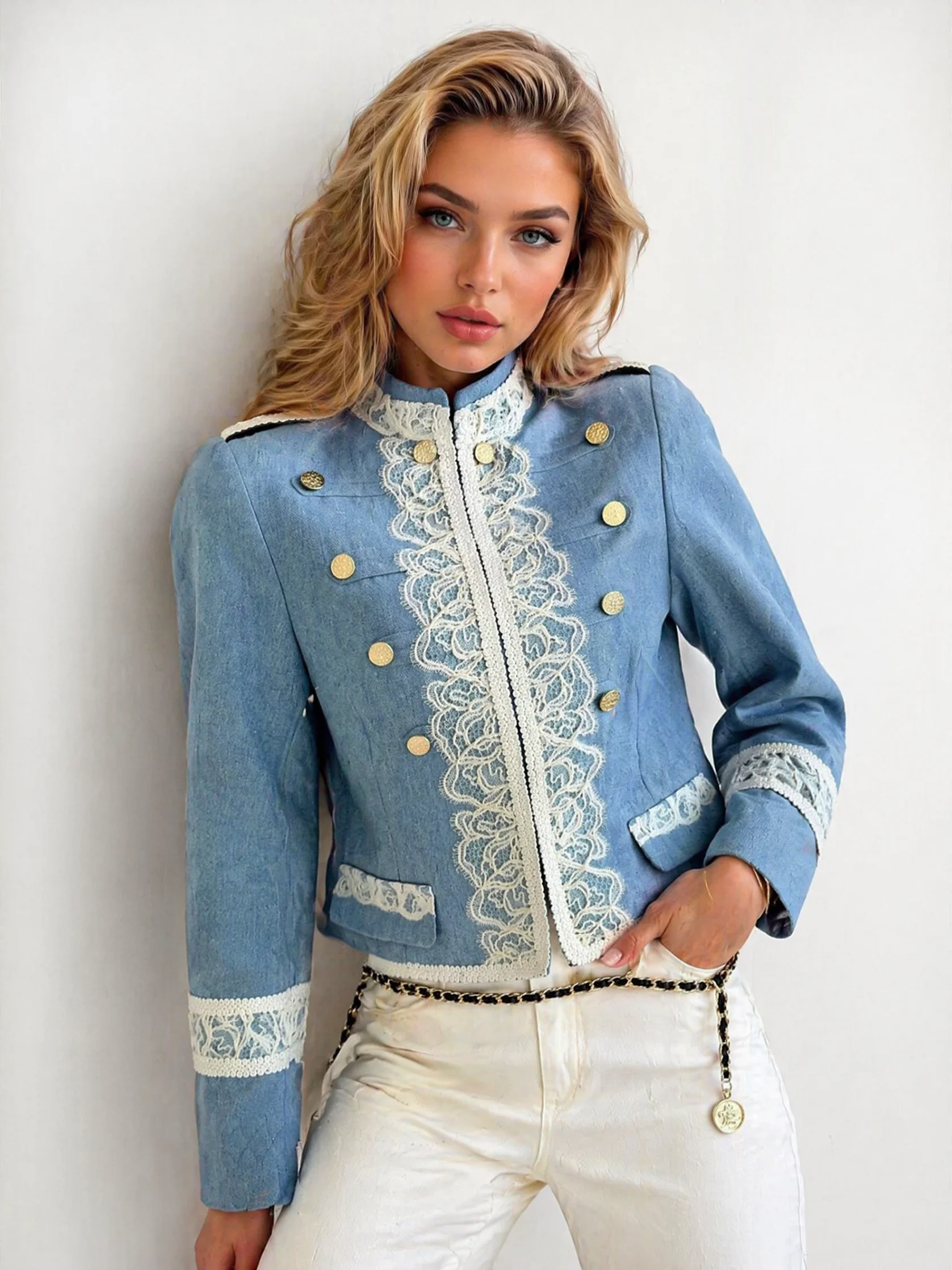 IG 2026 Women's  Cropped Jacket, Stand Collar Full Floral Lace Trim Double Row Gold Buttons Shoulder Tab Long Sleeve Cuff  Pocke