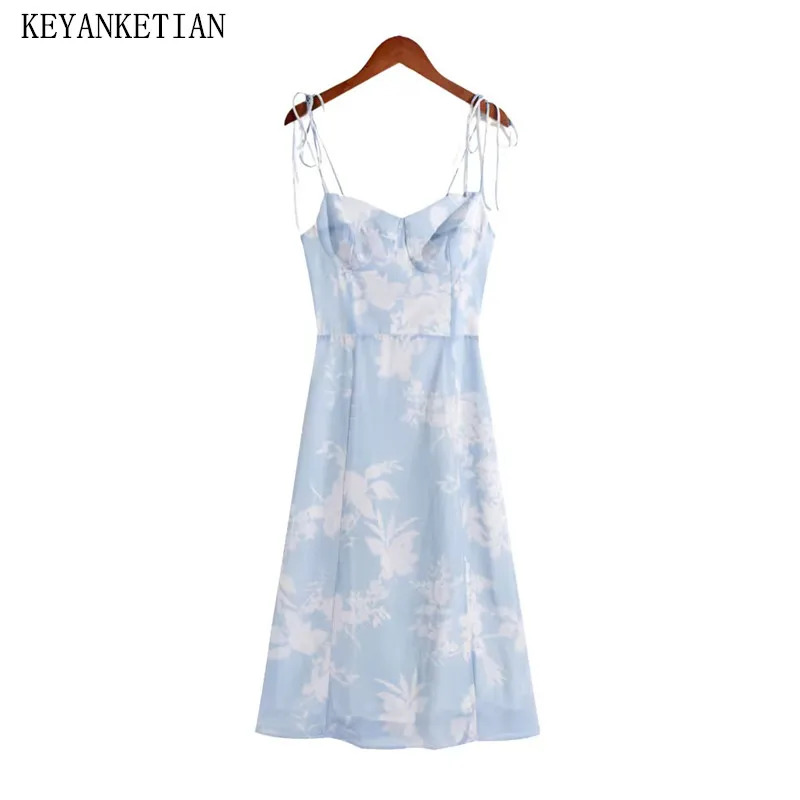 

KEYANKETIAN 2024 New Launch Women's Blue And White Print Halter Dress Holiday wind Elegant Slim Slash neck Lace Up MIDI Dress