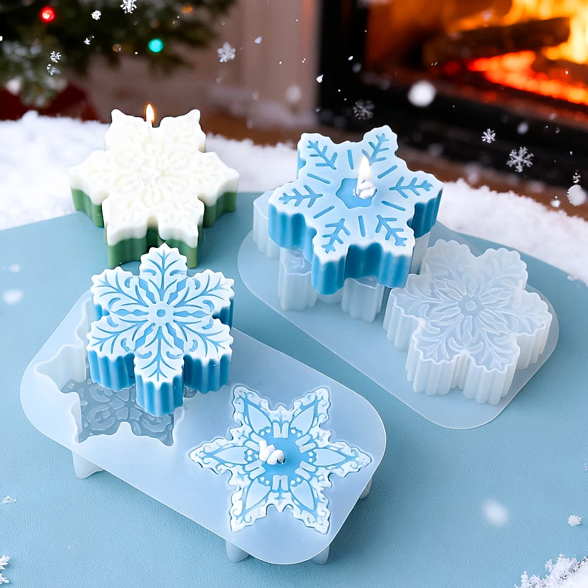 2 Holes 3D Snowflake Silicone Candle Mold Christmas Scented Candle Ornament Keychain Pendant Plaster Epoxy Resin Mold Craft Gift
