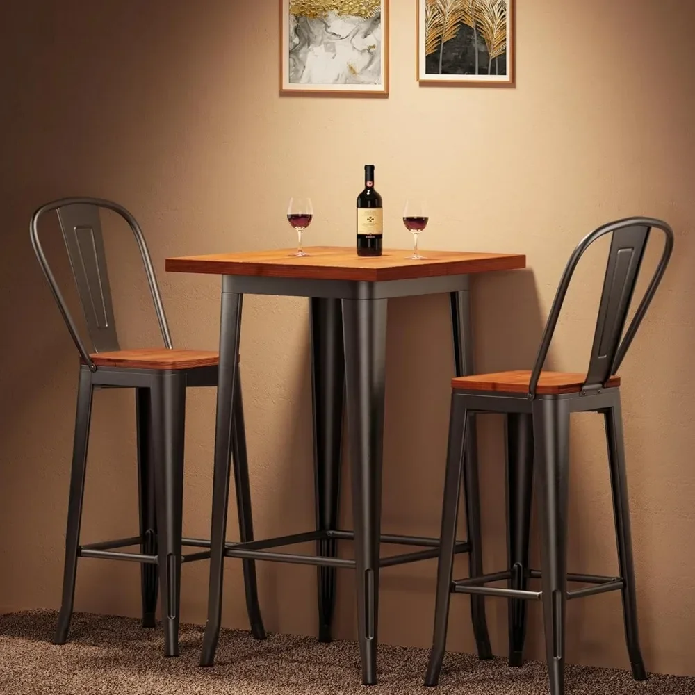 

Bar Table and Chairs Set, Pub Table and Chairs Set of 2, with Elm Solid Wood and Thickened Metal Frame, for Bar,Small Space