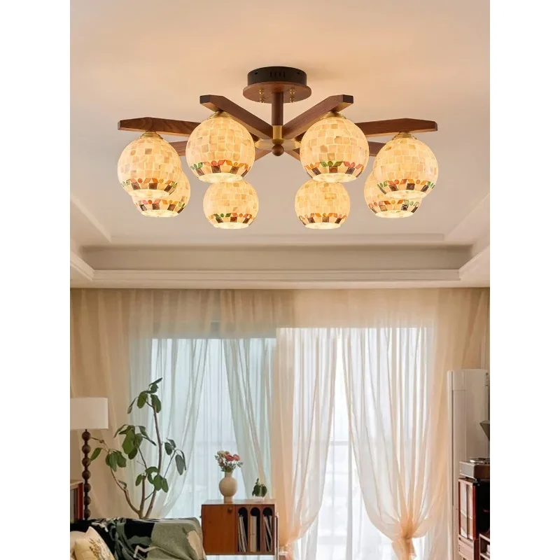 Living room chandelier, French medieval semi-hanging ceiling lamp, black walnut all-copper shell bedroom dining lamp