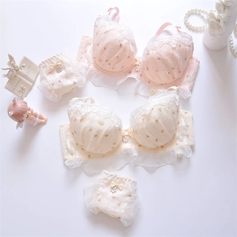 

Japanese Lolita Chiffon Embroidery Thin Women Cute Push Up Sexy Lingerie Bra Set