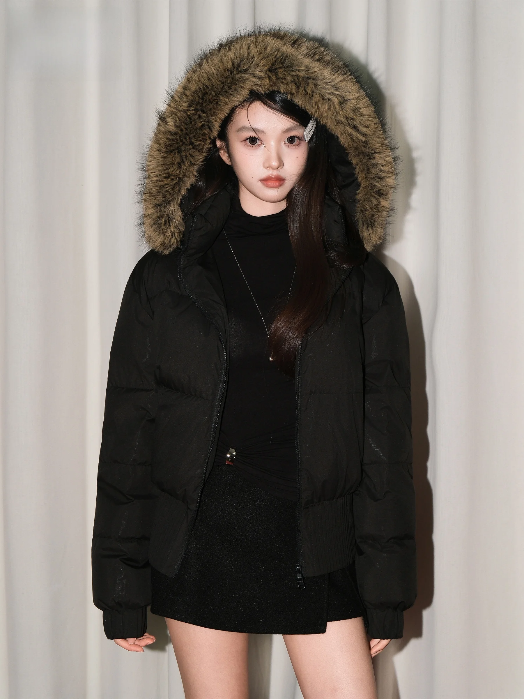 

Premium Goose down Puffer Jacket Women's Winter Thickened Warm Hooded Coat Loose Fit Fur Collar Korean Style Straight Cut