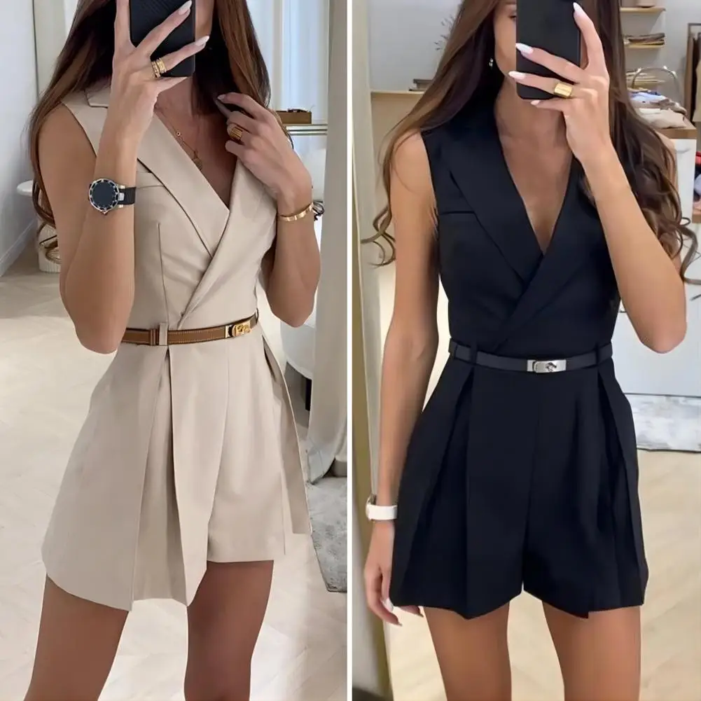 Lady Summer Romper V Neck Pleated Sleeveless Slim Fit OL Commute Formal Style Soft Above Knee Length Romper (Belt Not Included)