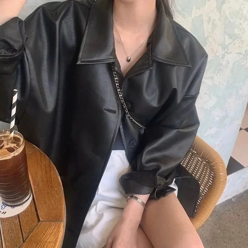 Chaquetas de cuero PU negro para mujer, abrigos Punk Harajuku de manga larga con cuello vuelto, ropa de calle informal coreana, novedad de 2024