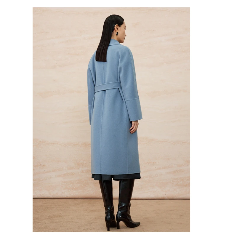 Australia Double-sided Wool Women's Coat Sky Blue Long Lace-up Coat Temperament Simple Fashion Outdoor Business Leisure Trend