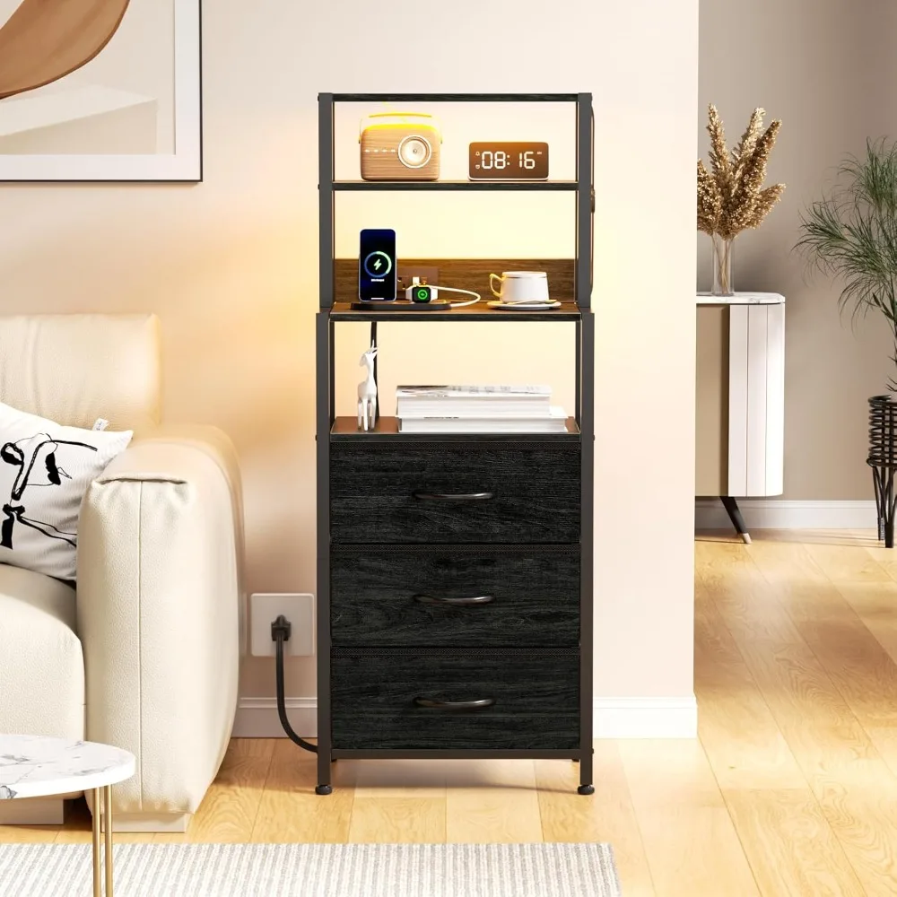 

Night Stand, Tall Nightstand with 4-Tier Shelves and 3 Fabric Drawers, LED Bed Side Tables with Charging Station, Bedside Table