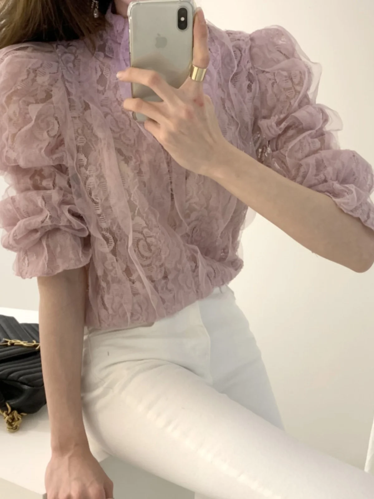 

Lace Hook Flower Women's irt Spring Autumn Stand Collar Long Sve Hollow out Sweet Matchable Base Bubble Sve Top